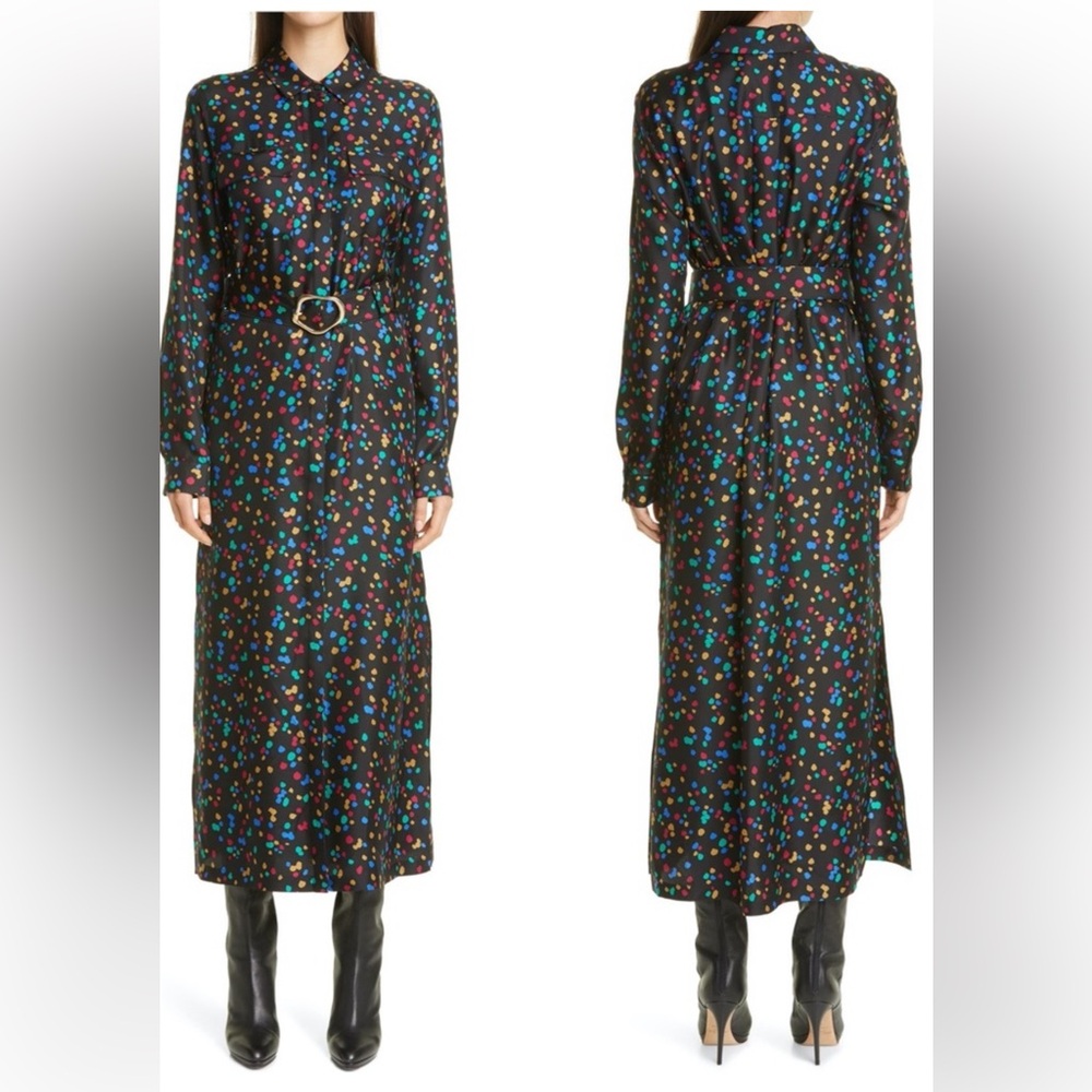 NWT $898 Lafayette 148 Doha Scattered Dot Print Silk Shirt Dress Maxi,Size XXL